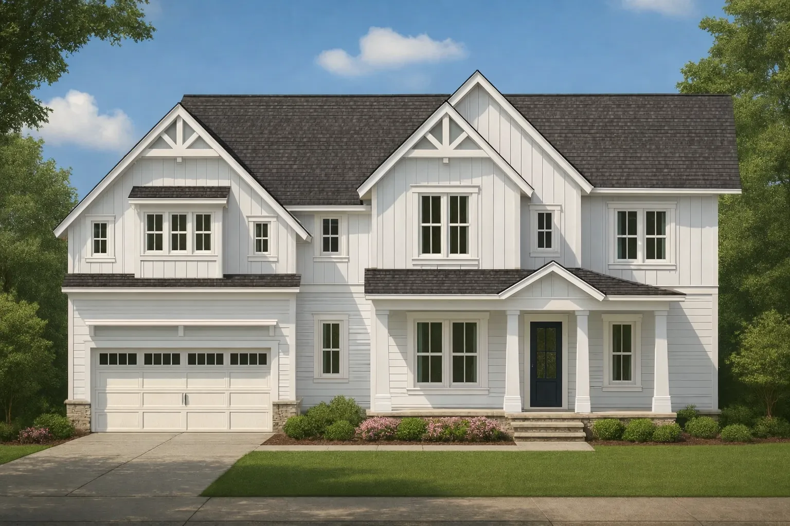Front elevation of a Modern Farmhouse style house featuring white board and batten siding, gabled rooflines, and a welcoming covered front porch