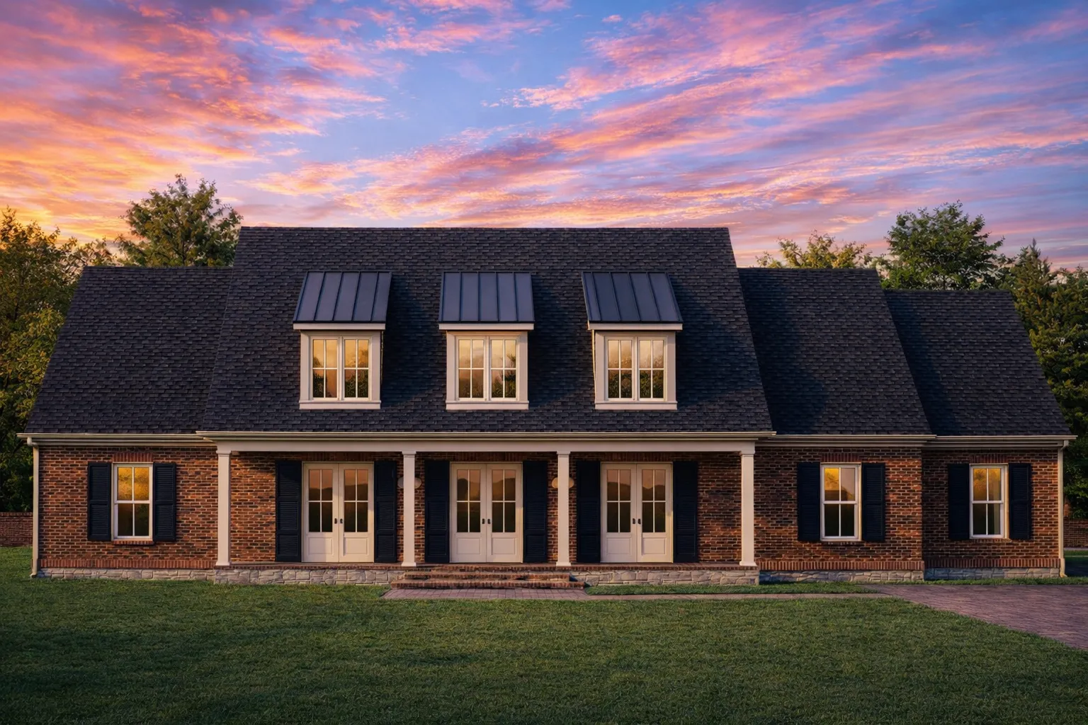 Front elevation of a Cape Cod style home with brick and siding exterior, dormer windows, shutters, and a centered covered porch