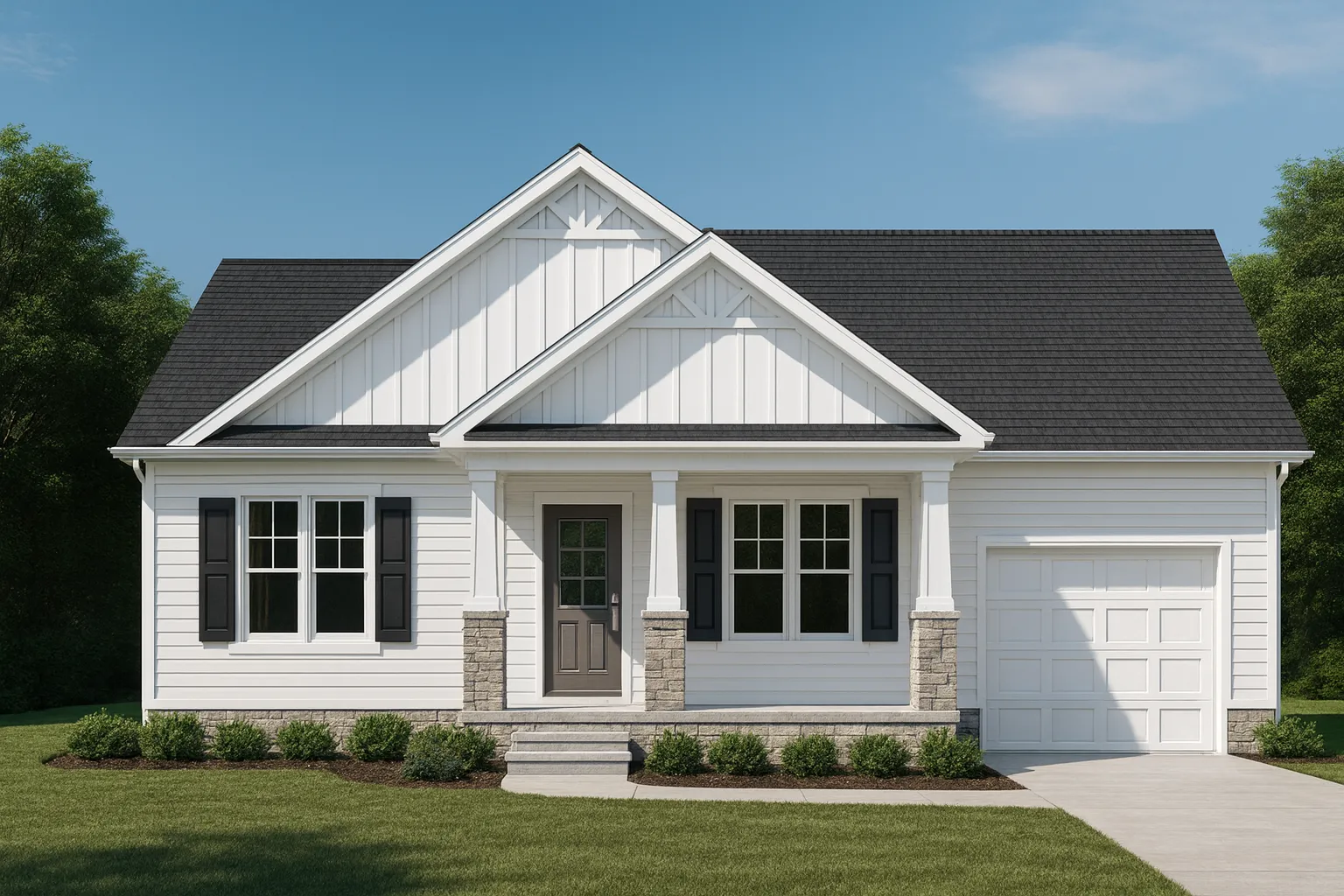 Front view of a Traditional Craftsman Ranch style home with board and batten, horizontal siding, stone accents, and a welcoming covered porch