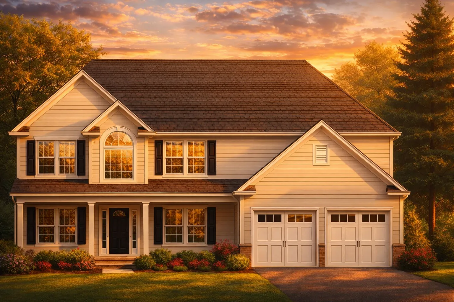 Front exterior view of a New American Colonial Revival style home with horizontal siding, symmetrical windows, and attached two-car garage