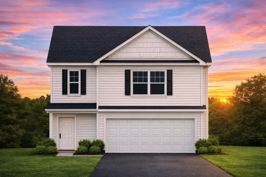 Front view of a Traditional / Classic Suburban two-story home featuring horizontal lap siding, a board-and-batten gable accent, stone veneer base, and a 2-car garage