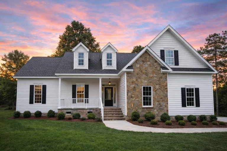 Front exterior view of a Cape Cod style home featuring horizontal siding, stone accents, dormer windows, and a welcoming covered porch