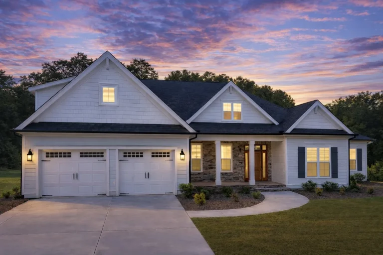 Front exterior of a New American Modern Traditional house featuring horizontal siding, stone accents, gabled rooflines, and a welcoming covered entry