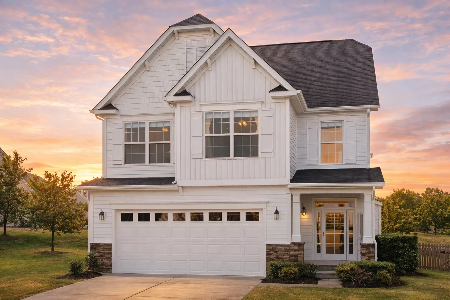 Front elevation of a Traditional Colonial style home featuring white board and batten siding, stone base accents, red shutters, and a dark shingle roof.