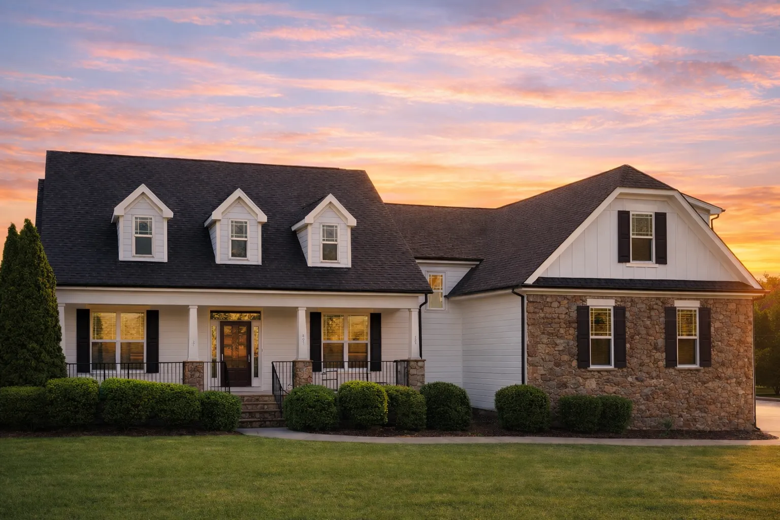 Front elevation of a New American Colonial style house with horizontal siding, stone foundation accents, black shutters, and a welcoming covered entry porch