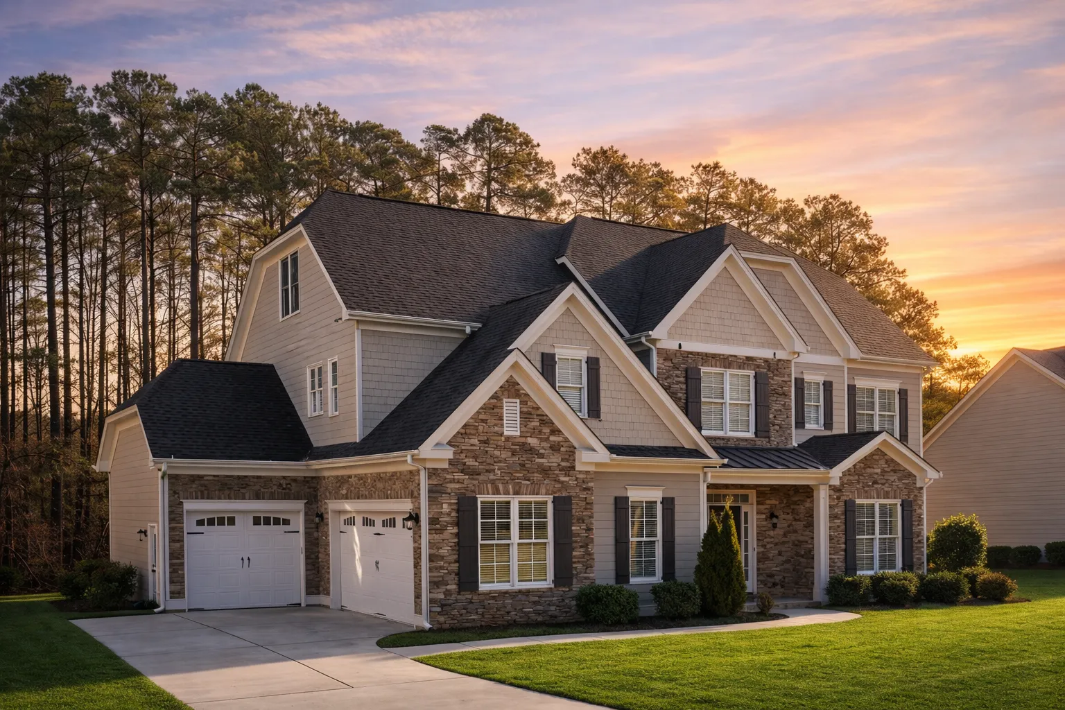 Front elevation of a New American style home with white board and batten siding, stone accents, symmetrical windows, and a covered front porch