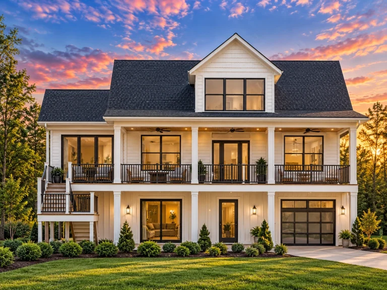 Front elevation of a Low Country coastal traditional house with elevated foundation, lap siding, stone accents, and full-width covered porch