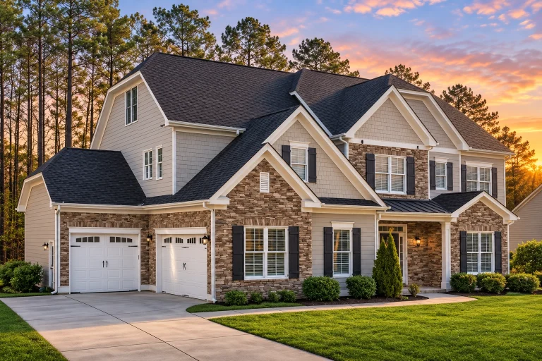 Front elevation of a New American style home with white board and batten siding, stone accents, symmetrical windows, and a covered front porch