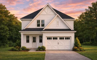 Front view of a Traditional Craftsman Farmhouse featuring horizontal siding, shingle gable accents, and a classic wooden garage door