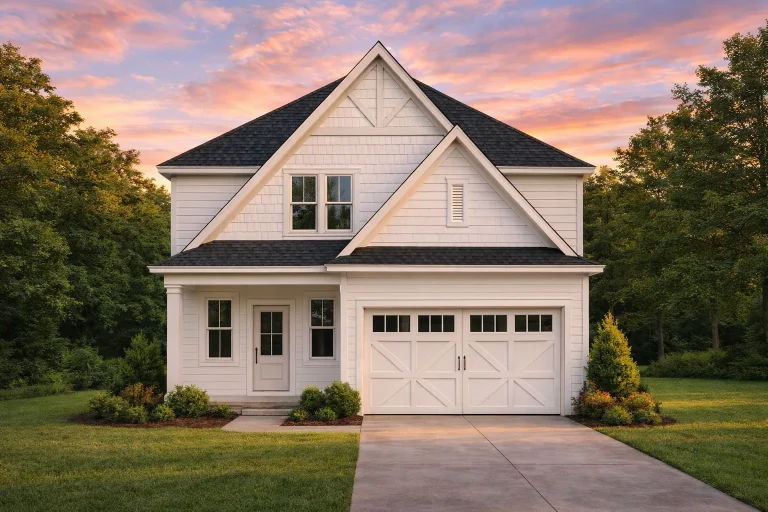 Front view of a Traditional Craftsman Farmhouse featuring horizontal siding, shingle gable accents, and a classic wooden garage door