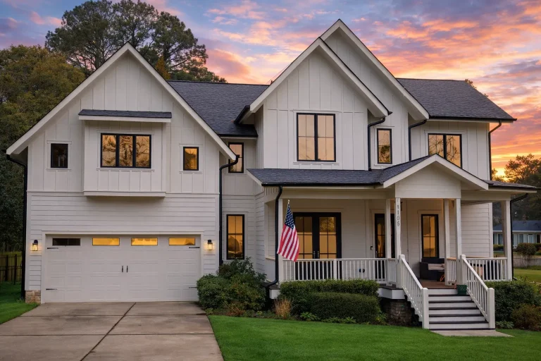 Front elevation of a Modern Farmhouse style house featuring white board and batten siding, gabled rooflines, and a welcoming covered front porch