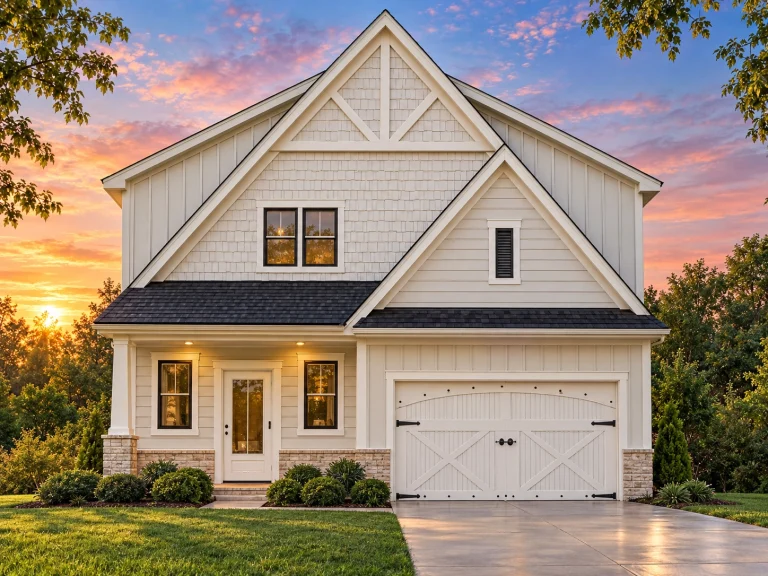 Split Garage House Plans 4 Front view of a Traditional Craftsman Farmhouse featuring horizontal siding, shingle gable accents, and a classic wooden garage door