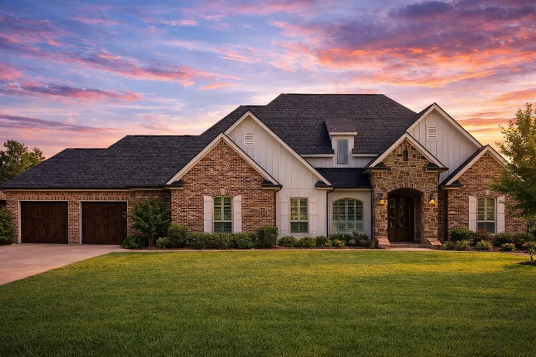 Front elevation of French Country style ranch home with brick and stone exterior, arched entry, and side-entry garage