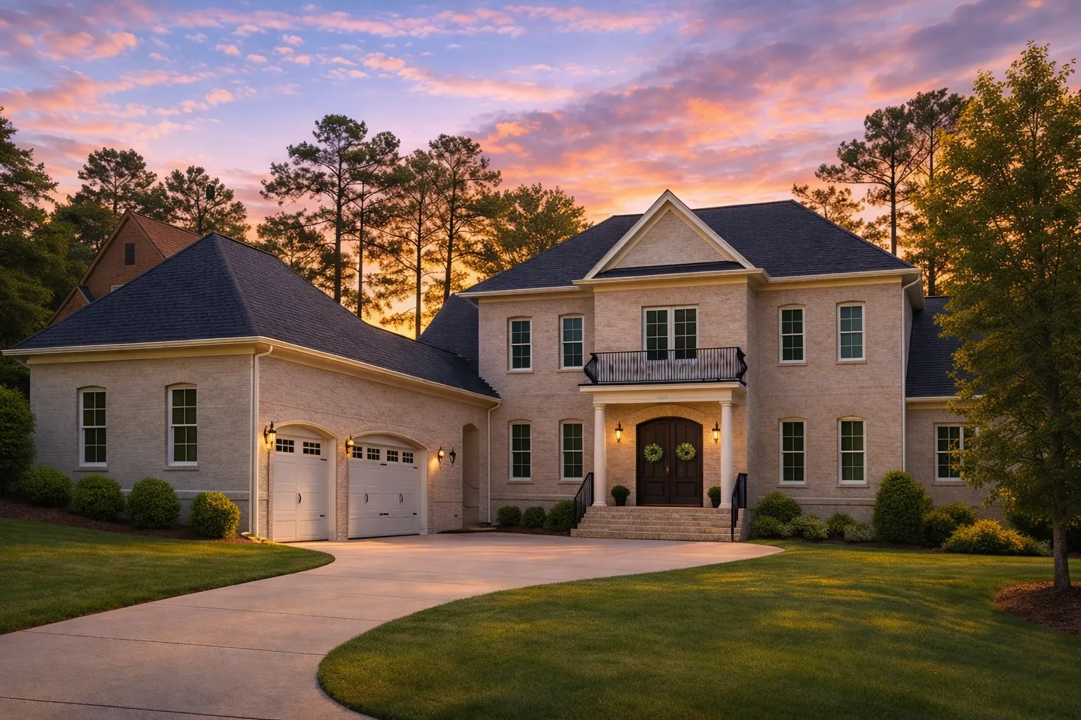 Front exterior view of a Traditional Colonial style home with painted brick exterior, symmetrical facade, and side-entry garage