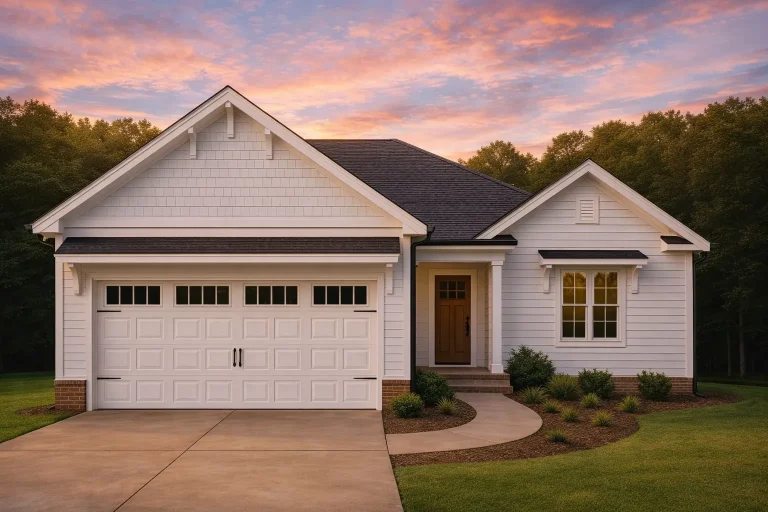 Front elevation of a Craftsman Ranch house featuring blue horizontal siding, shingle gables, white trim, and brick water-table detailing
