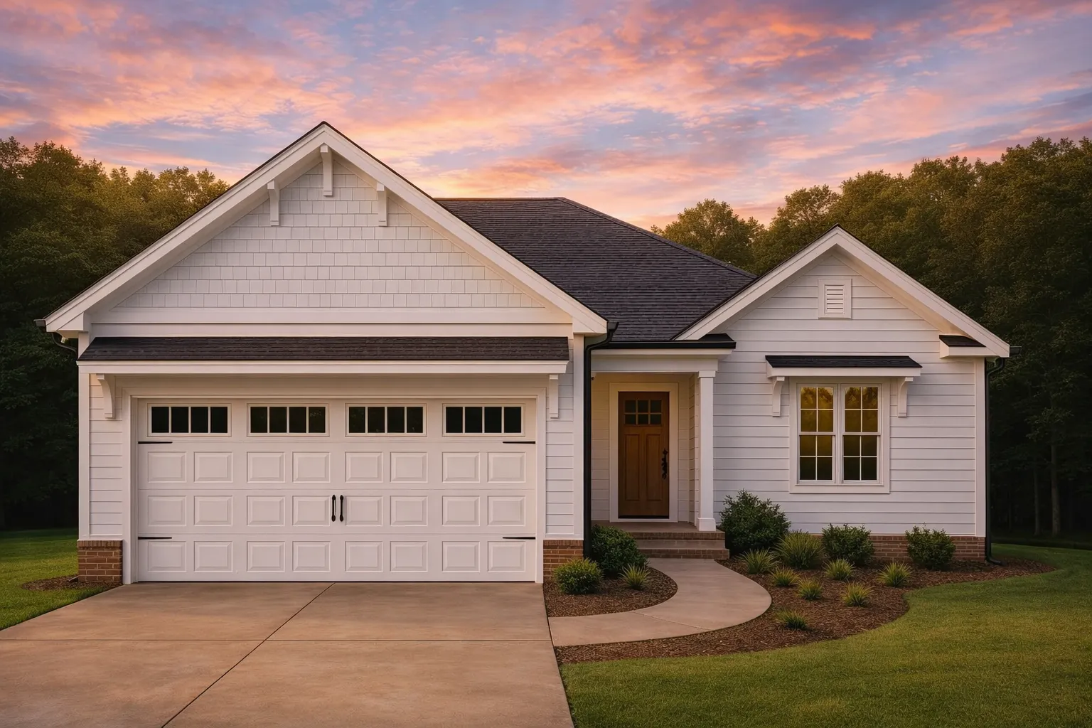 Modern Farmhouse House Plans 15 Front elevation of a Craftsman Ranch house featuring blue horizontal siding, shingle gables, white trim, and brick water-table detailing