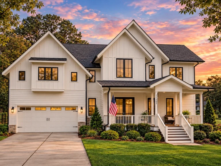 Front elevation of a Modern Farmhouse style house featuring white board and batten siding, gabled rooflines, and a welcoming covered front porch