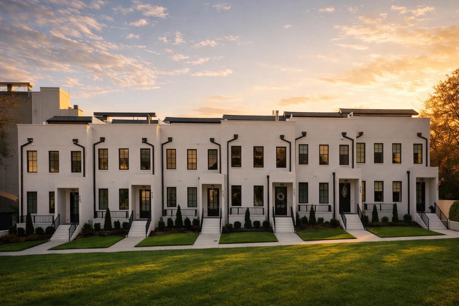 House Plans with Butlers Pantry 9 Front elevation of urban contemporary townhomes featuring smooth stucco exterior, flat rooflines, large windows, and modern traditional detailing