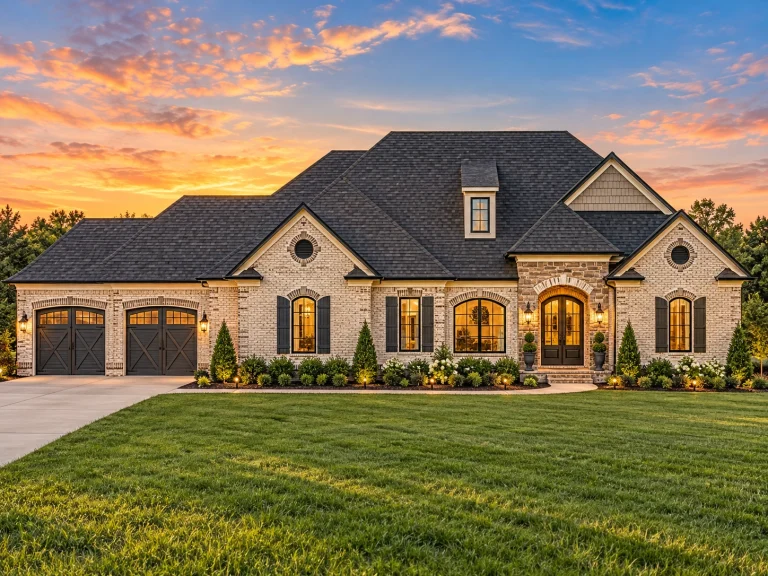 Top Designer-Approved House Plans 4 Front elevation of French Country style ranch home with brick and stone exterior, arched entry, and side-entry garage