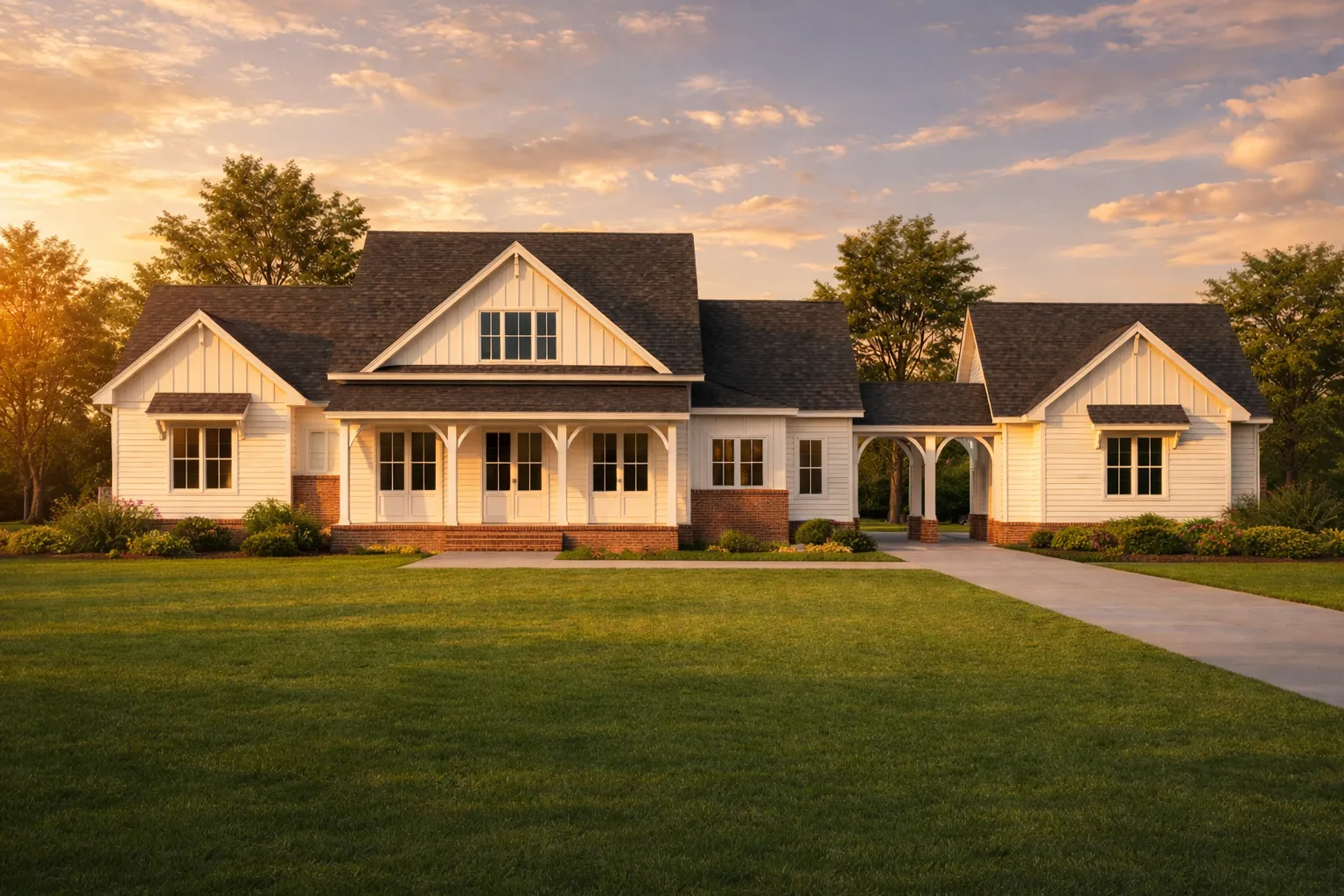 House Plans with Rear Entry Garage 13 Front exterior view of a Southern Farmhouse style home featuring white board and batten siding, brick foundation, covered porch, and Low Country architectural details