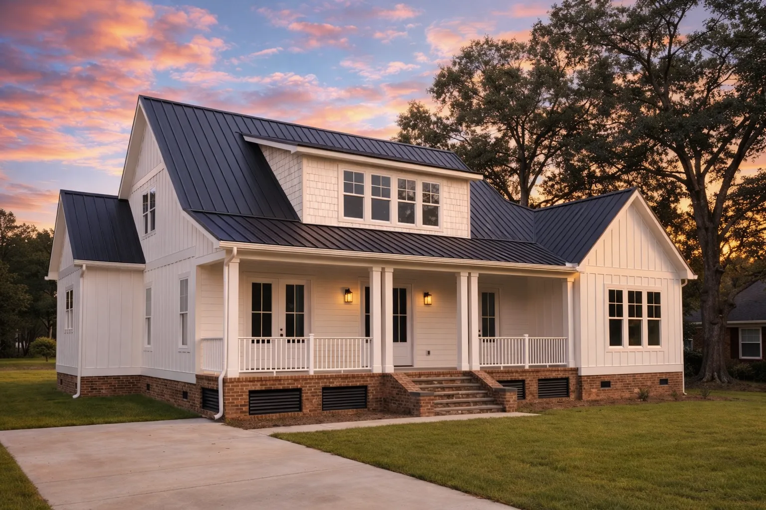 Front elevation of modern farmhouse home with white board and batten siding, black metal roof, brick foundation, and covered porch