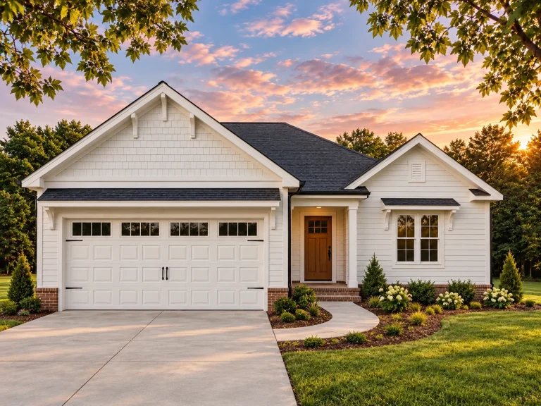 Front elevation of a Craftsman Ranch house featuring blue horizontal siding, shingle gables, white trim, and brick water-table detailing