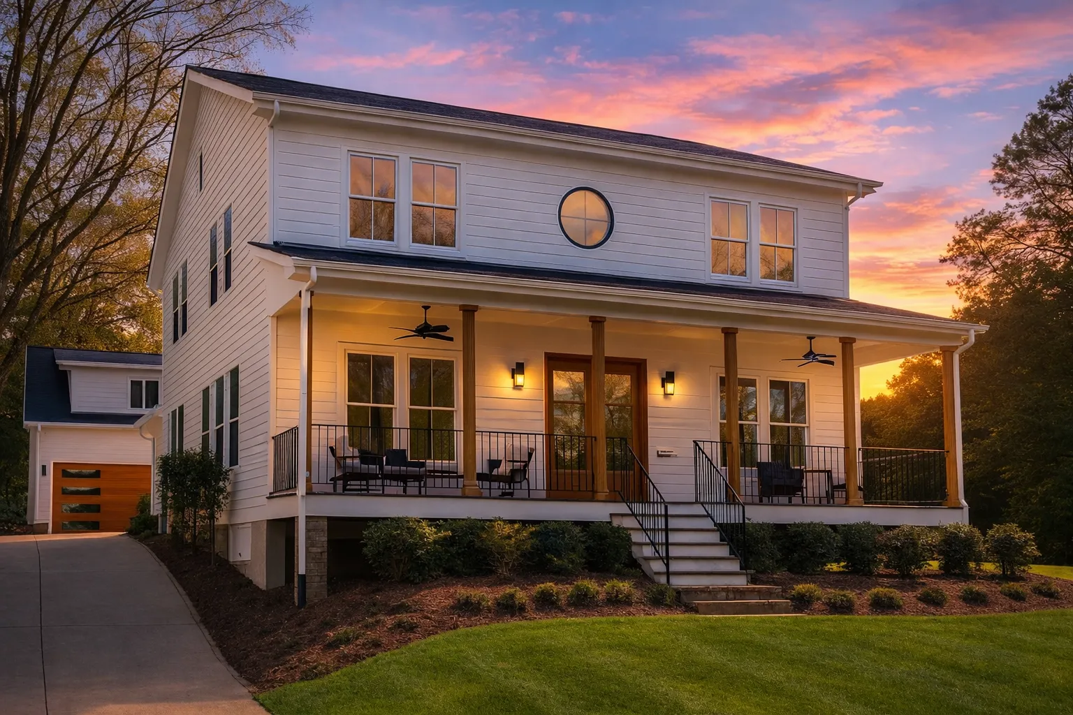Front elevation of Traditional Colonial style home with horizontal lap siding, full-width covered porch, symmetrical windows, and elevated entry stairs