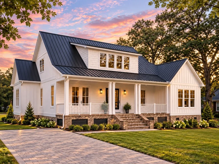 Front elevation of modern farmhouse home with white board and batten siding, black metal roof, brick foundation, and covered porch