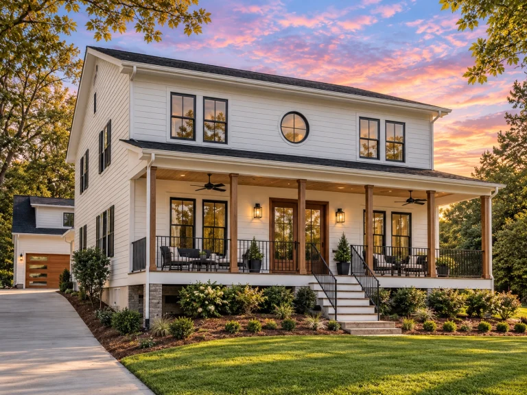 Modern Suburban House Plans 20 Front elevation of Traditional Colonial style home with horizontal lap siding, full-width covered porch, symmetrical windows, and elevated entry stairs