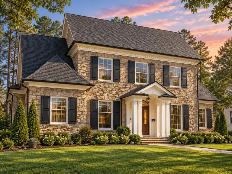 Front elevation of a Georgian Colonial style home with full stone exterior, symmetrical windows, black shutters, and classical columned entry