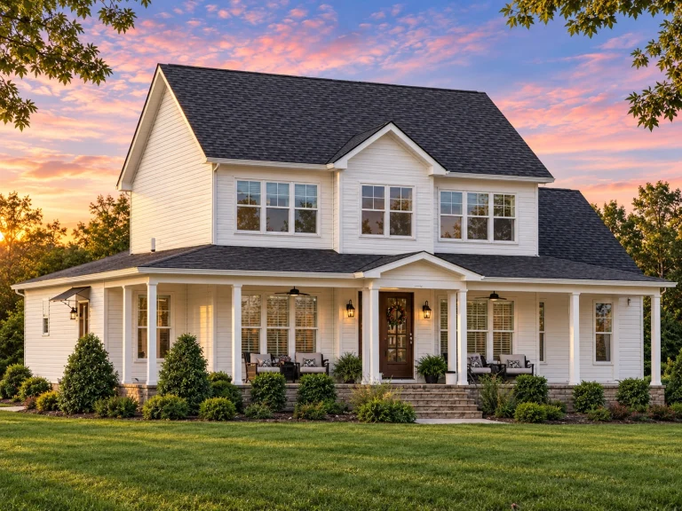 House Plans with Fireplace 14 Front elevation of a Traditional Colonial style two-story home with stone façade, horizontal siding, columned porch, and symmetrical windows surrounded by lush landscaping