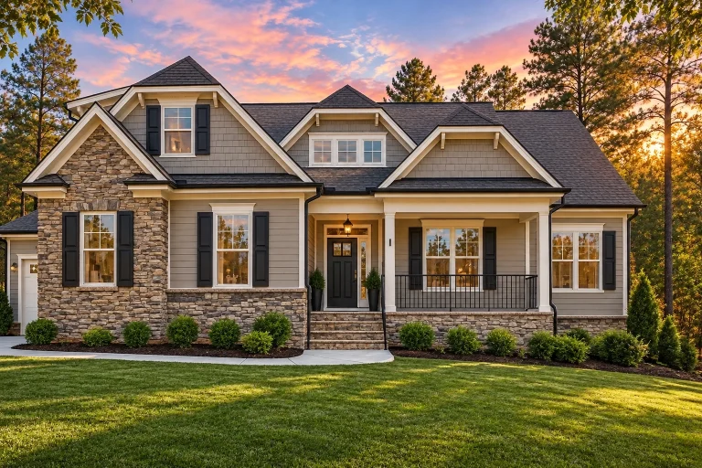 Front elevation of a New American Modern Traditional house with stone base, shingle siding, gabled rooflines, and covered front porch