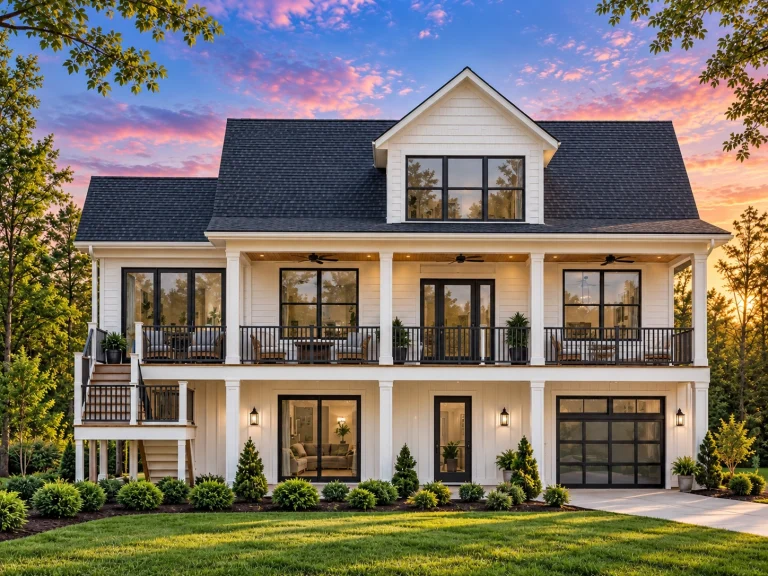 Front elevation of a Low Country coastal traditional house with elevated foundation, lap siding, stone accents, and full-width covered porch