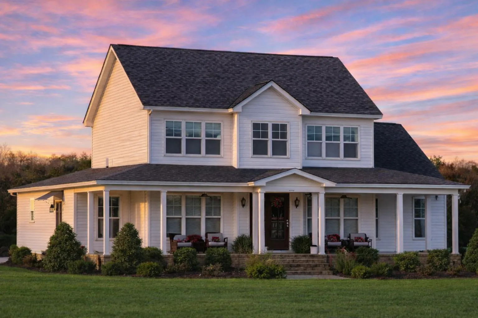 Front elevation of a Traditional Colonial style two-story home with stone façade, horizontal siding, columned porch, and symmetrical windows surrounded by lush landscaping