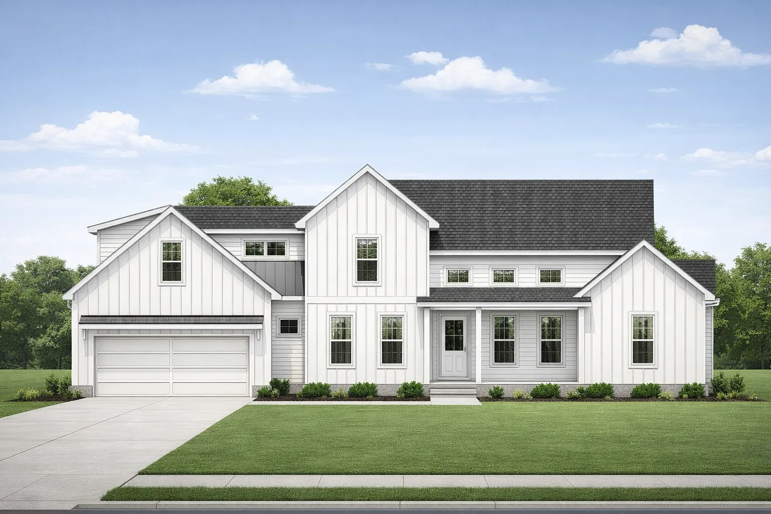Front elevation of a modern farmhouse style home featuring white board and batten siding, black windows, gabled rooflines, and an attached two-car garage