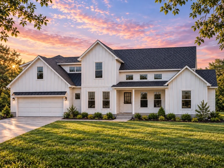 Mid-Size House Plans 24 Front elevation of a modern farmhouse style home featuring white board and batten siding, black windows, gabled rooflines, and an attached two-car garage