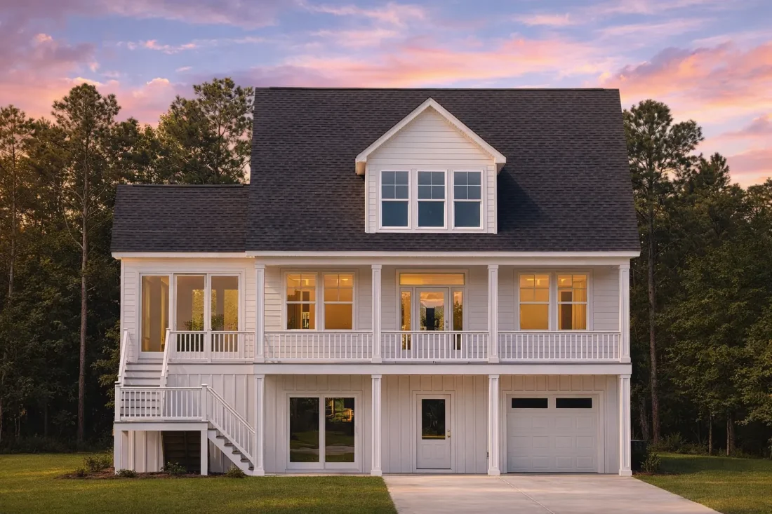 Front elevation of a Low Country coastal traditional house with elevated foundation, lap siding, stone accents, and full-width covered porch
