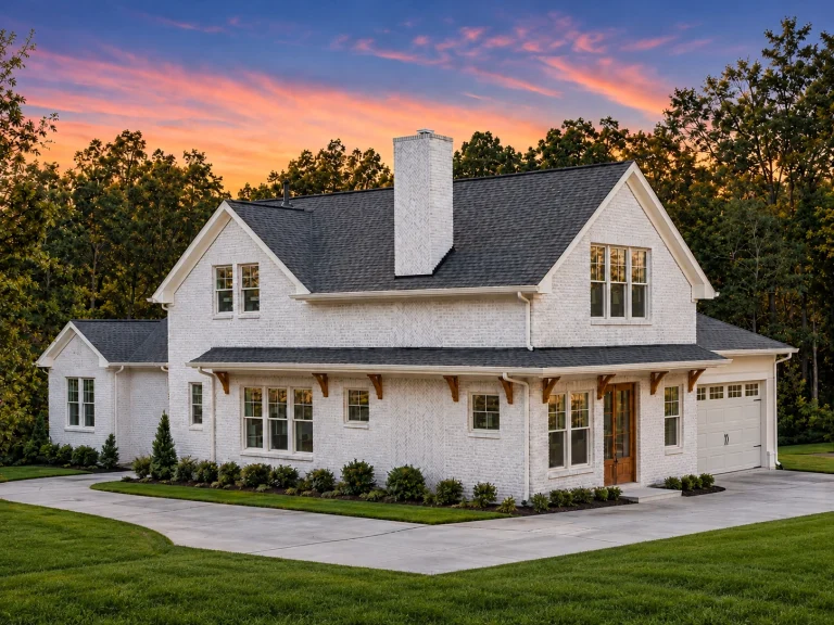 House Plans with Fireplace 17 Rear angle view of Cape Cod style coastal traditional home featuring painted brick exterior, steep gabled roof, chimney, and covered wraparound porch