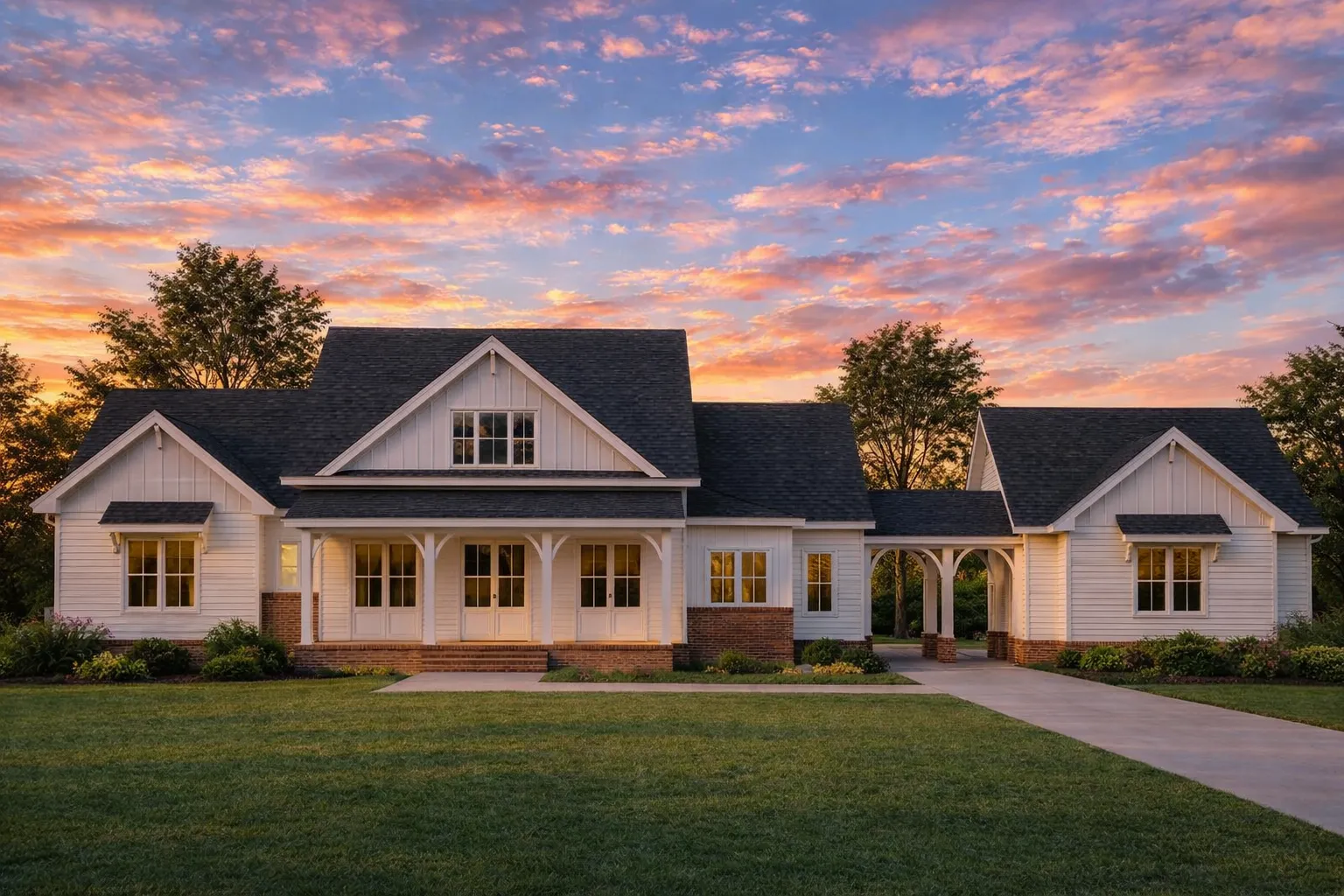 Front exterior view of a Southern Farmhouse style home featuring white board and batten siding, brick foundation, covered porch, and Low Country architectural details