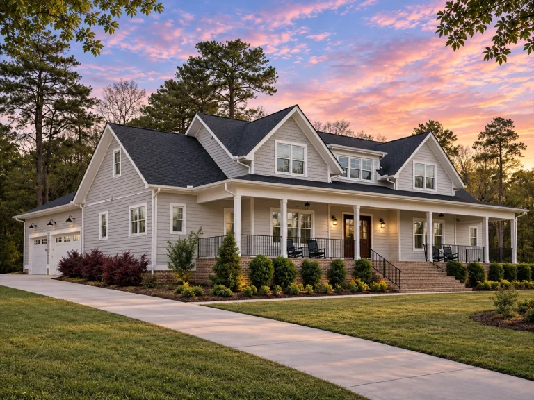 Front elevation of a Modern Farmhouse style home with white lap siding, symmetrical gables, covered front porch, and classic farmhouse detailing