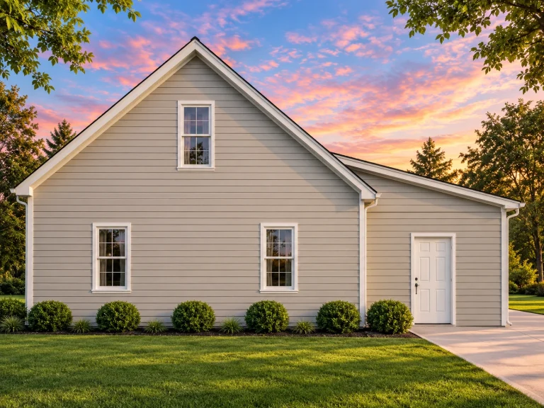 Front elevation of an American Cottage style home featuring clean horizontal lap siding and a simple gable roofline