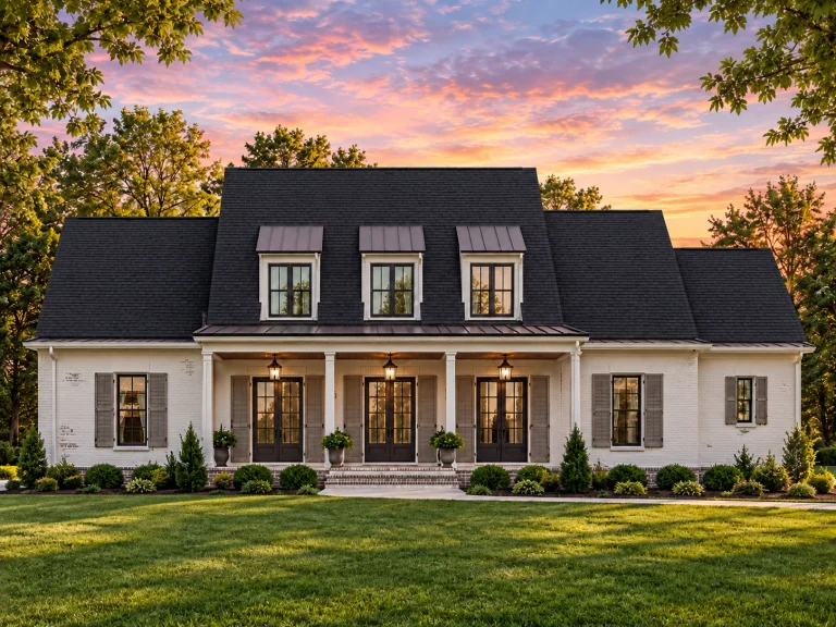 House Plans with Home Bar 7 Front elevation of a Cape Cod style home with brick and siding exterior, dormer windows, shutters, and a centered covered porch
