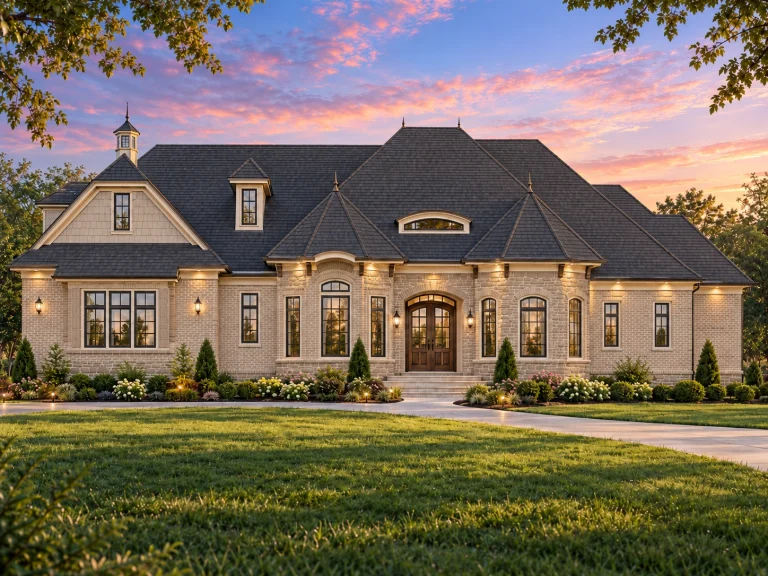 Affordable House Plans 2 Front view of a French Country and European Traditional style home featuring a brick exterior, stone accents, and symmetrical windows under a steep hipped roof.