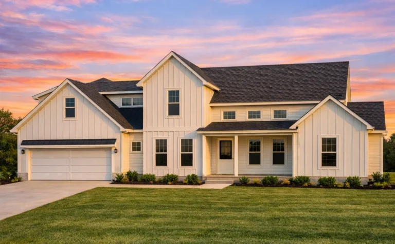 House Plans 16 Front elevation of a modern farmhouse style home featuring white board and batten siding, black windows, gabled rooflines, and an attached two-car garage