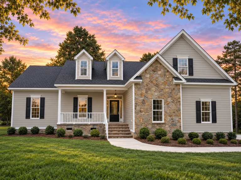 Front exterior view of a Cape Cod style home featuring horizontal siding, stone accents, dormer windows, and a welcoming covered porch