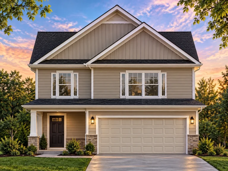 Front view of a Traditional / Classic Suburban two-story home featuring horizontal lap siding, a board-and-batten gable accent, stone veneer base, and a 2-car garage
