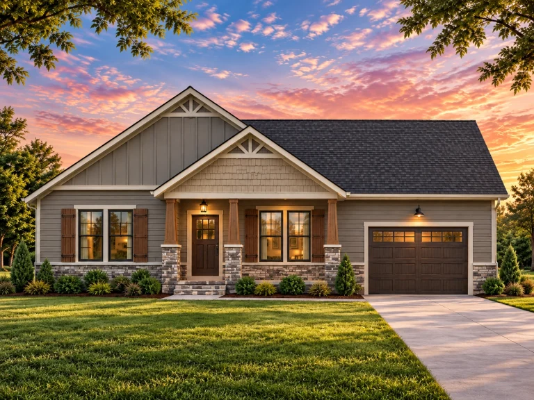Front view of a Traditional Craftsman Ranch style home with board and batten, horizontal siding, stone accents, and a welcoming covered porch