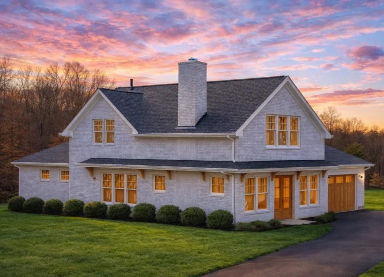 Rear angle view of Cape Cod style coastal traditional home featuring painted brick exterior, steep gabled roof, chimney, and covered wraparound porch