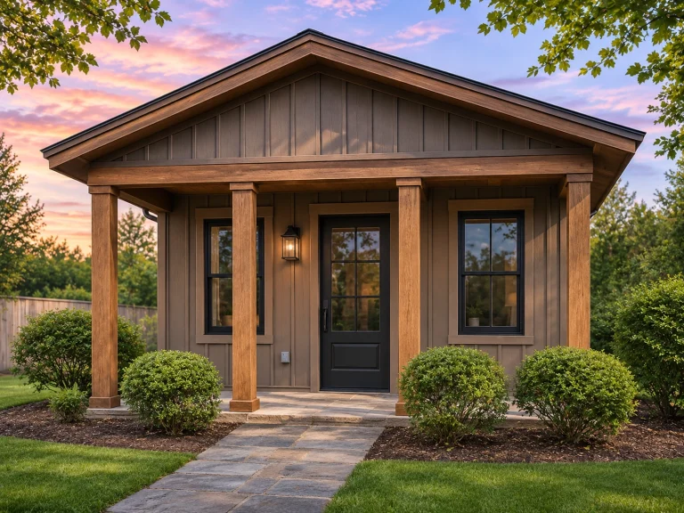 3 Bedroom House Plans 24 Front exterior of a Craftsman Cottage style ADU featuring natural wood siding, gabled roof, and a welcoming covered porch