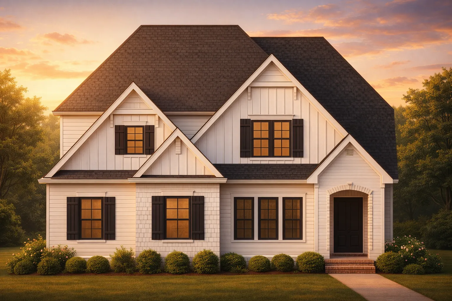Front elevation of Modern Farmhouse style home with white board and batten siding, black shutters, steep gable roof, and covered entry porch